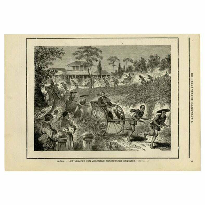 Antique Print Of The Transportation Of European Travellers In Japan, C.1900