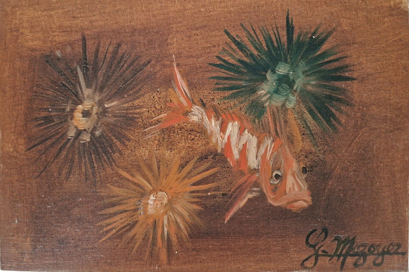 Comber Fish And Sea Urchin Underwater Painting By Georges Mazoyer, French Mediterranean Seascape Wall Art photo furniture