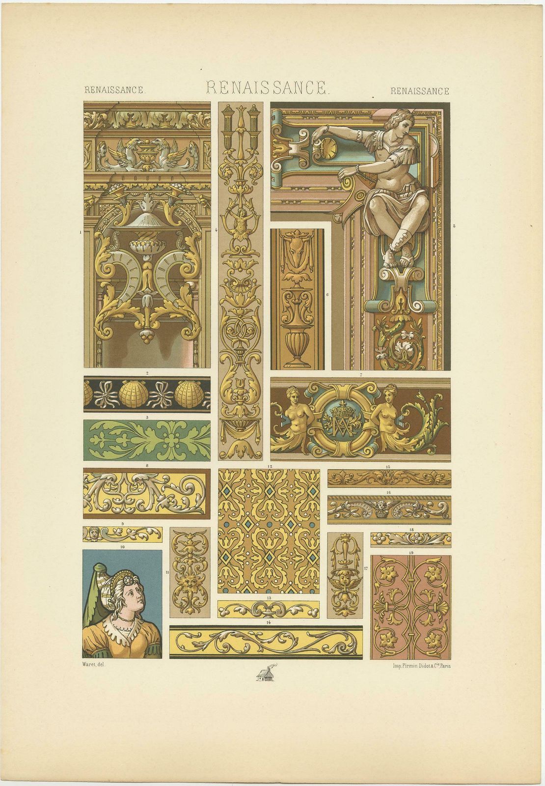 Pl. 87 Antique Print Of Renaissance Tapestries & Sculpture, Racinet 'Circa 1890' photo for sale