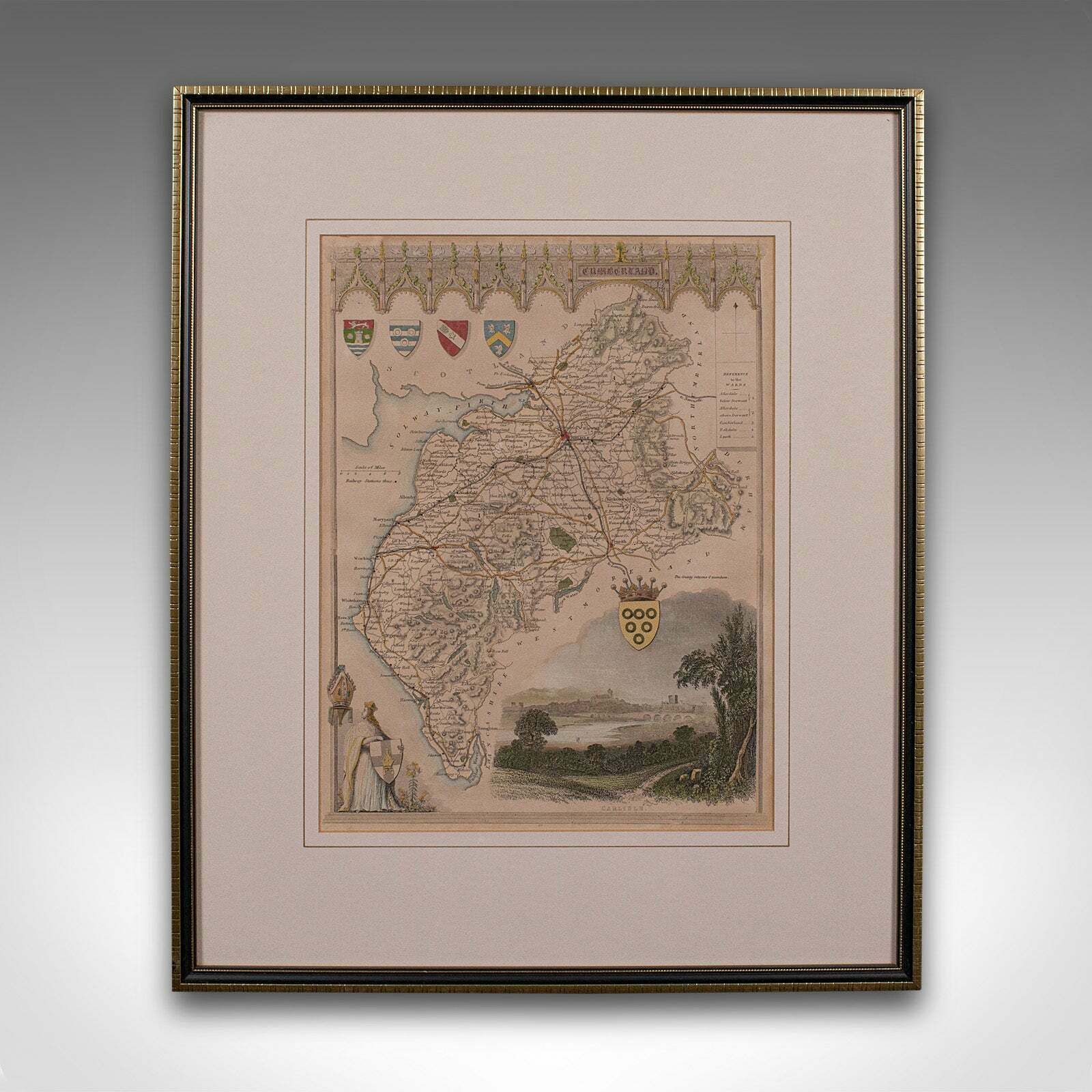 Antique Lithography Map, Cumberland, English, Framed, Cartography, Victorian photo furniture