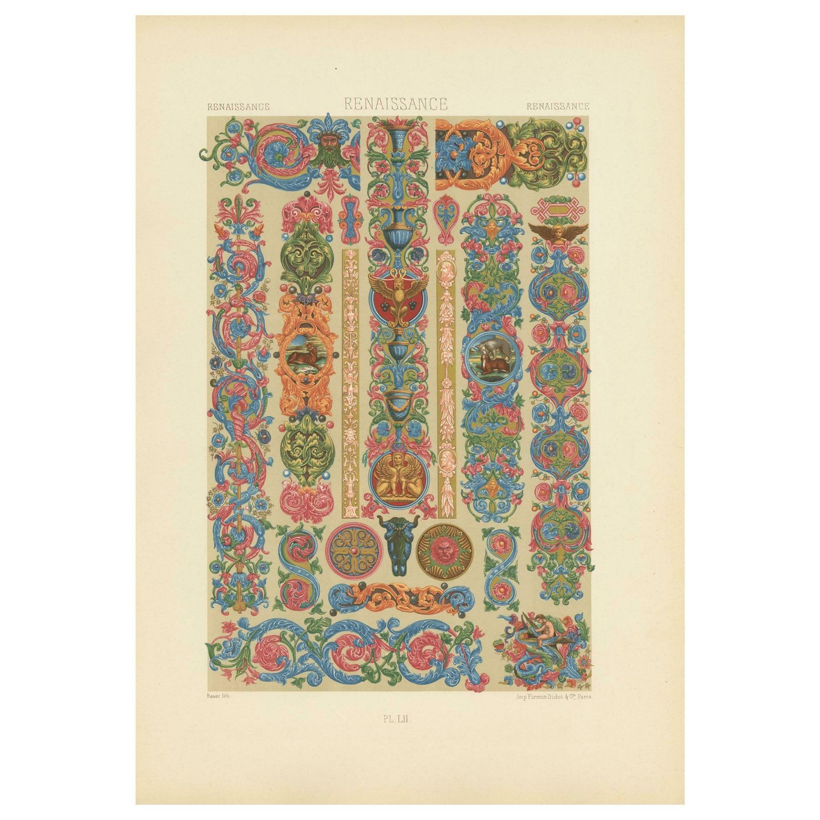 Pl. 52 Antique Print Of Renaissance Ornaments By Racinet, Circa 1890