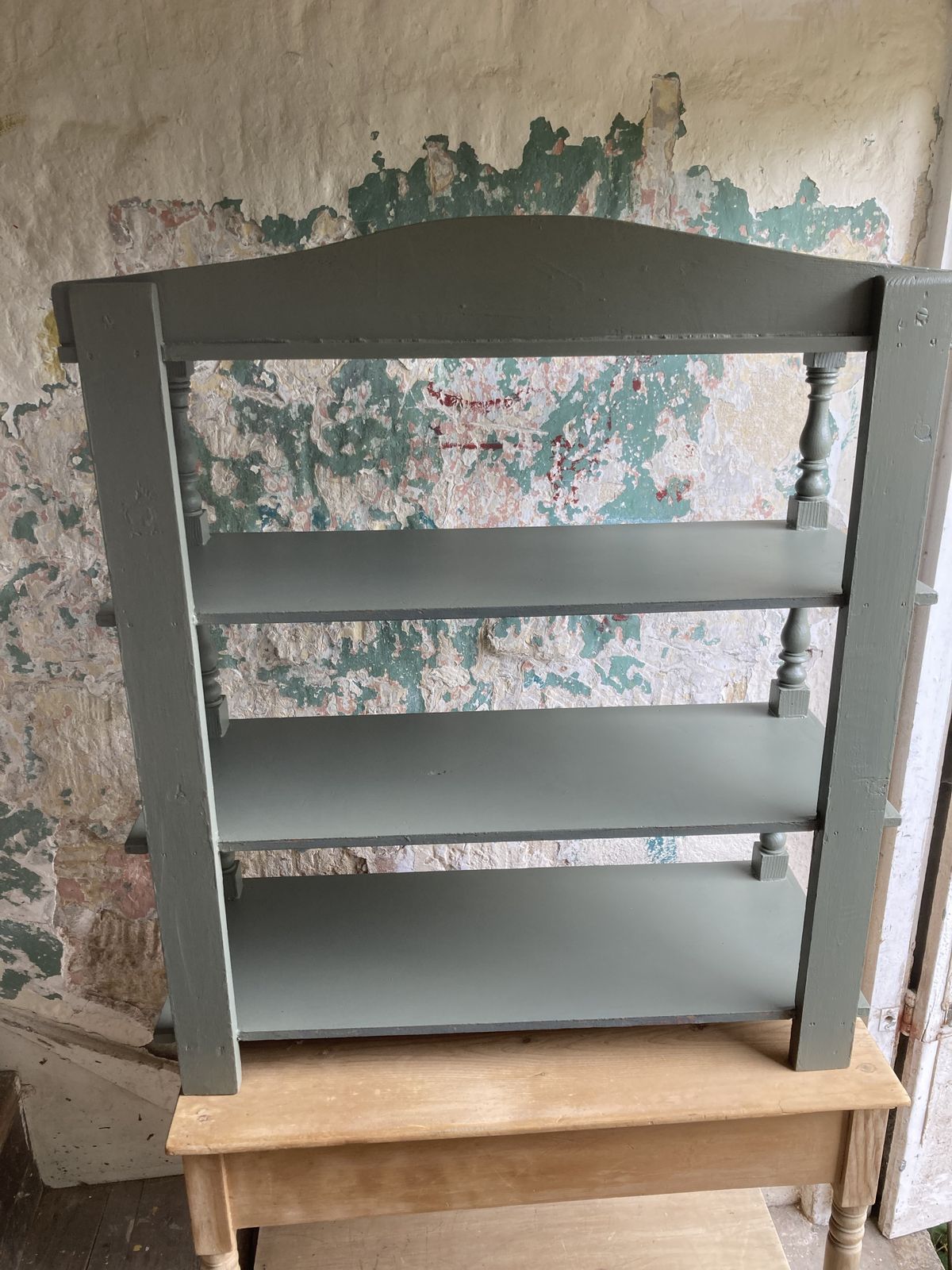 Victorian Green Painted Freestanding Display Shelves With Turned Columns photo vintage