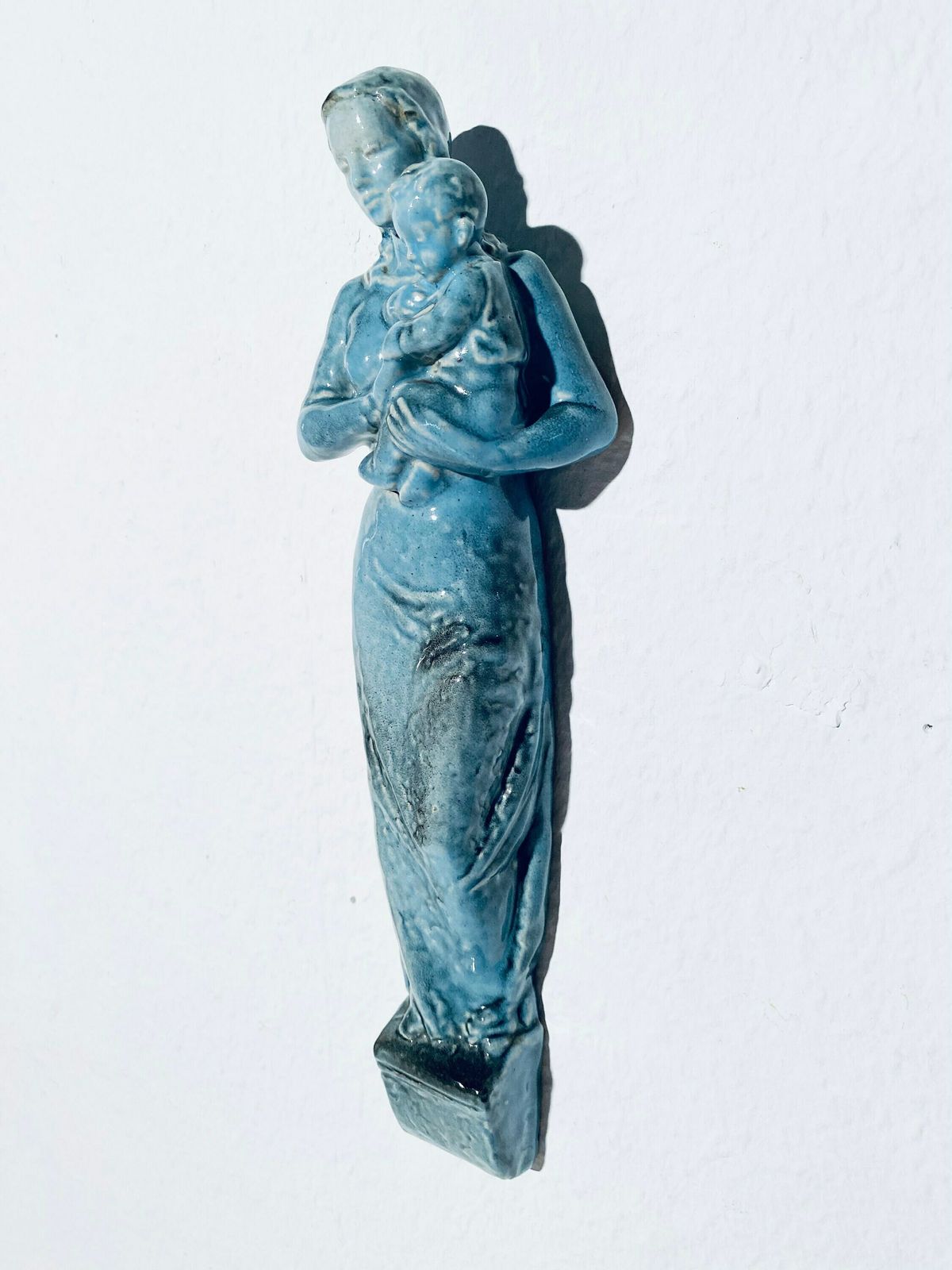Rare Art Deco Blue Bunzlauer Mother Mary Wesenberg Ludwigsburg Ceramic Wall Hanging / 1920s Religious Art Decor photo for sale