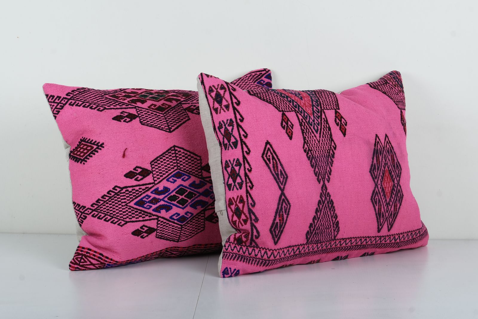 Set Of Two Striped Organic Wool Outdoor Turkish Striped Pillow Covers, Pair Anatolian Pink Old Kilim Pillow Covers photo for sale