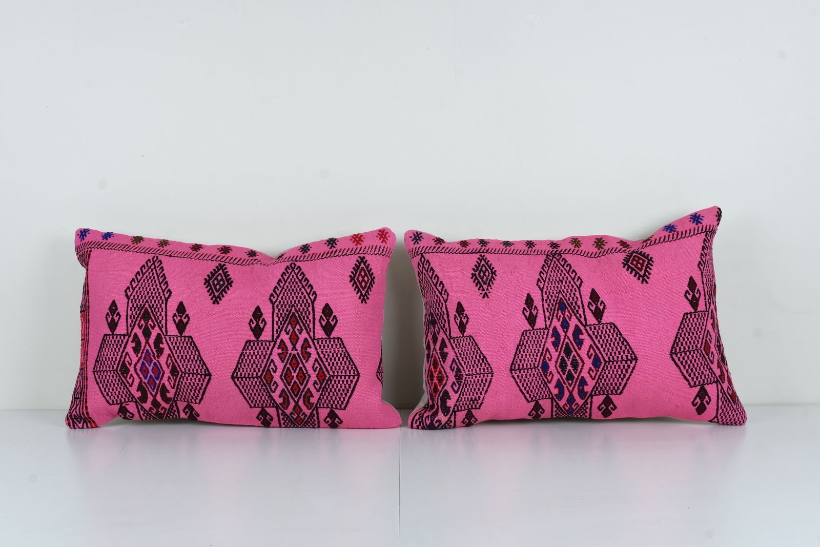 Tribal Wool Handmade Pillow Covers, Striped Turkish Kilim Lumbar Cover, Set Of Two Pink Pillowcase