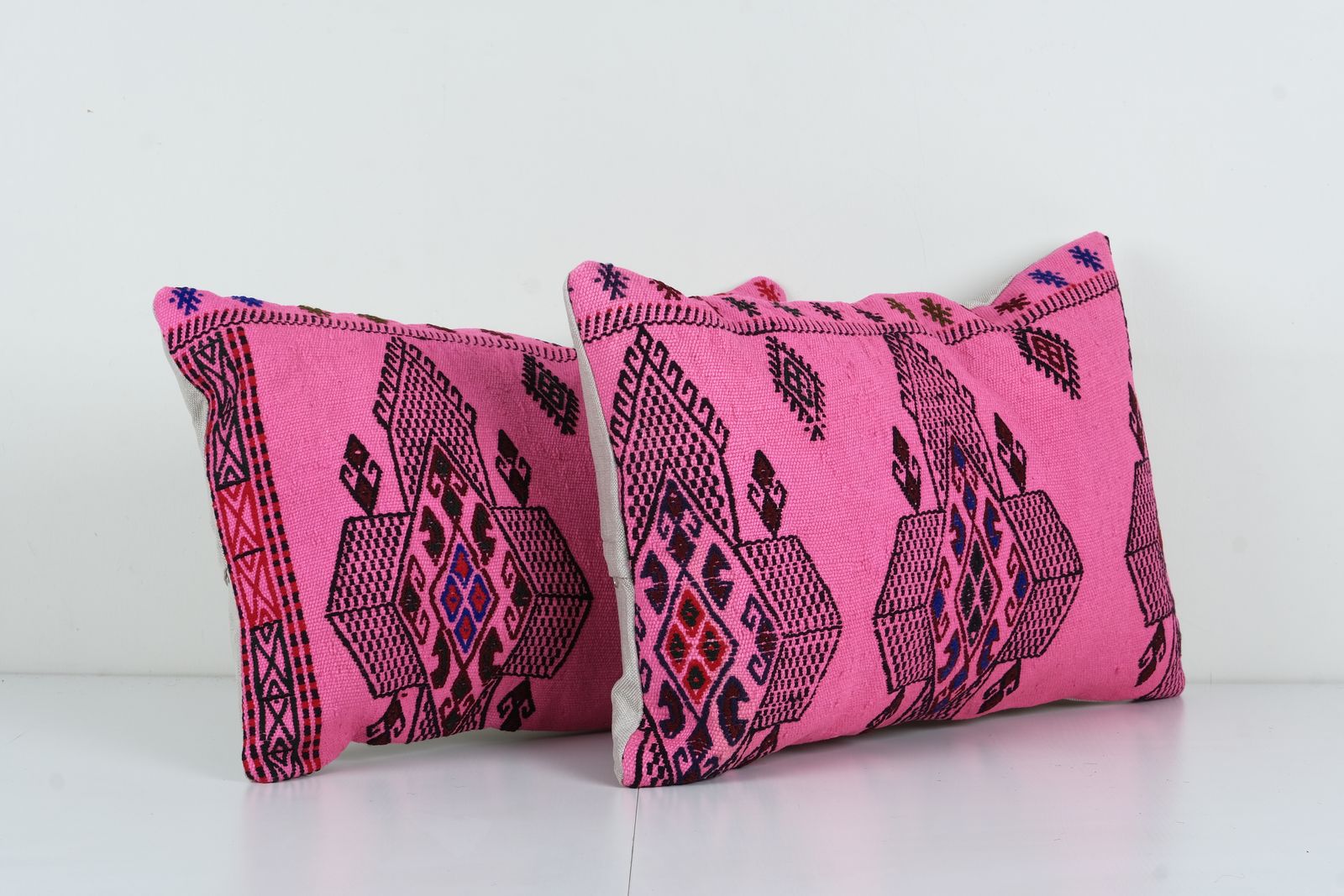 Tribal Wool Handmade Pillow Covers, Striped Turkish Kilim Lumbar Cover, Set Of Two Pink Pillowcase photo furniture