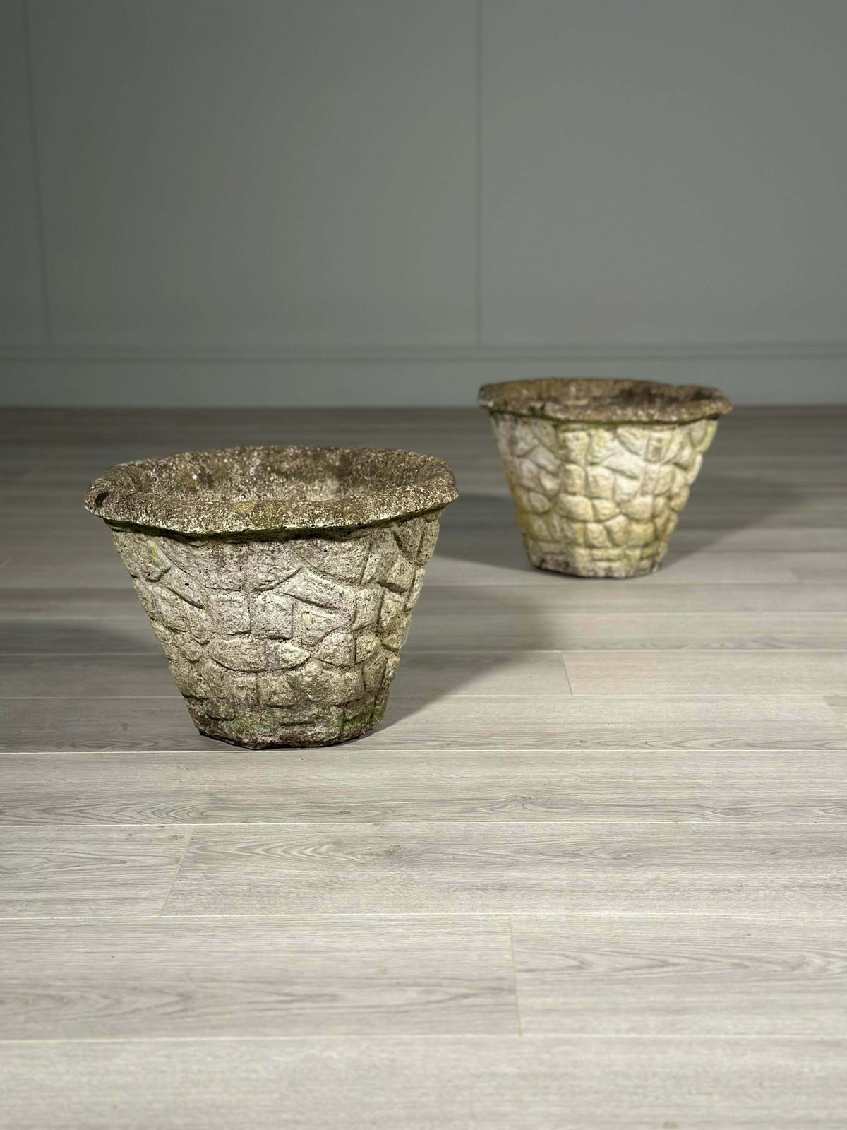 Pair Of Vintage Weathered Composite Stone Planters
