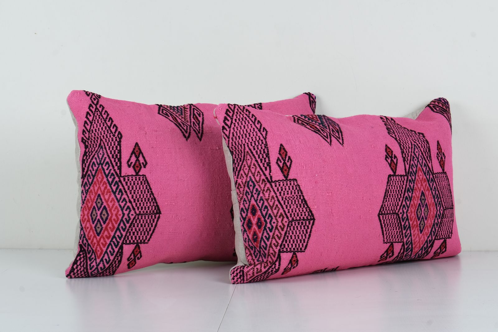 Set Of Two Striped Pink Wool Turkish Striped Pillow Covers, Pair Anatolian Minimalist Old Kilim Pillow Covers photo furniture
