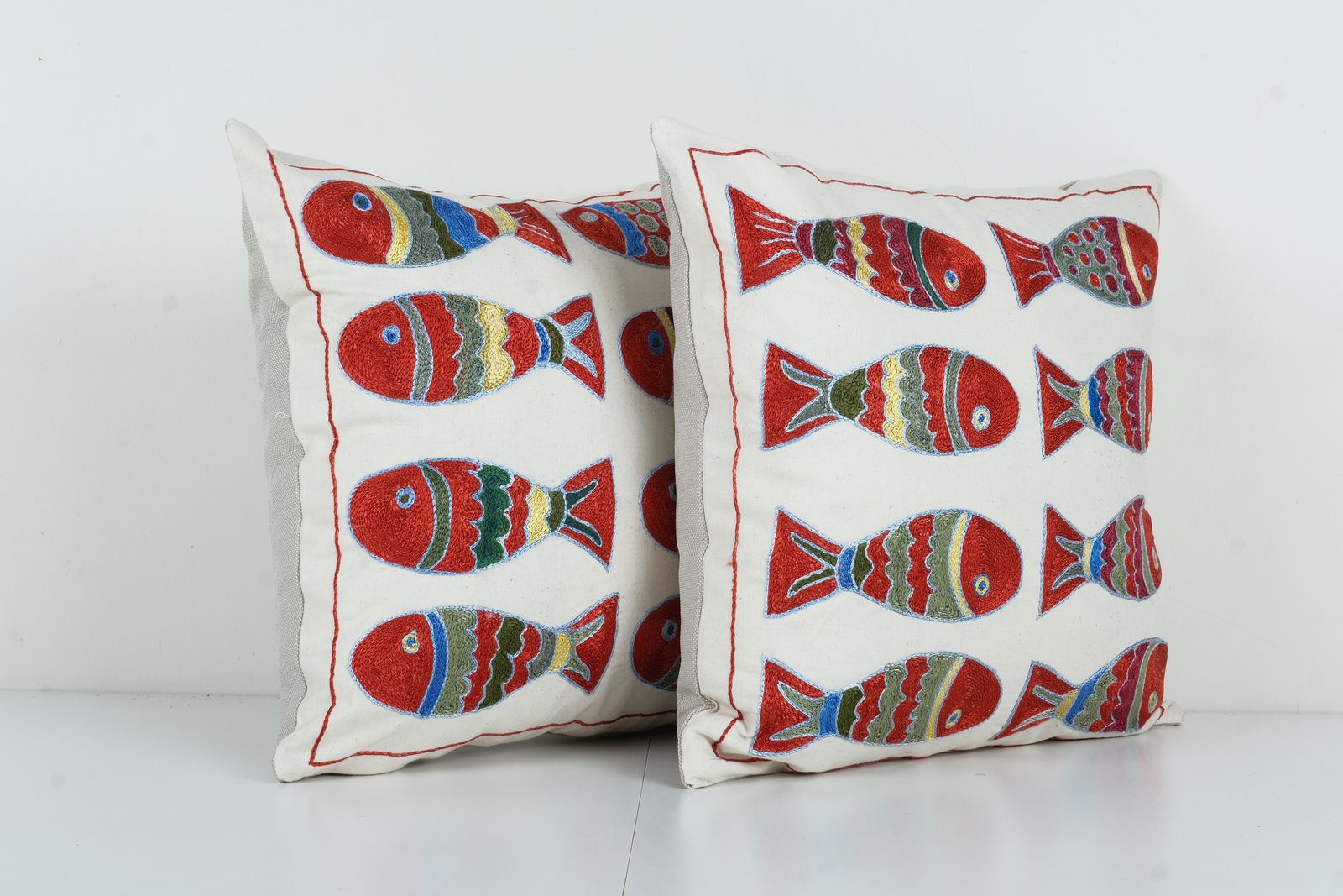 Suzani Animal Cushion Cover, Set Of Two Fish Embroidery Tribal House Decor   Pair Vintage Uzbek Pillow photo furniture