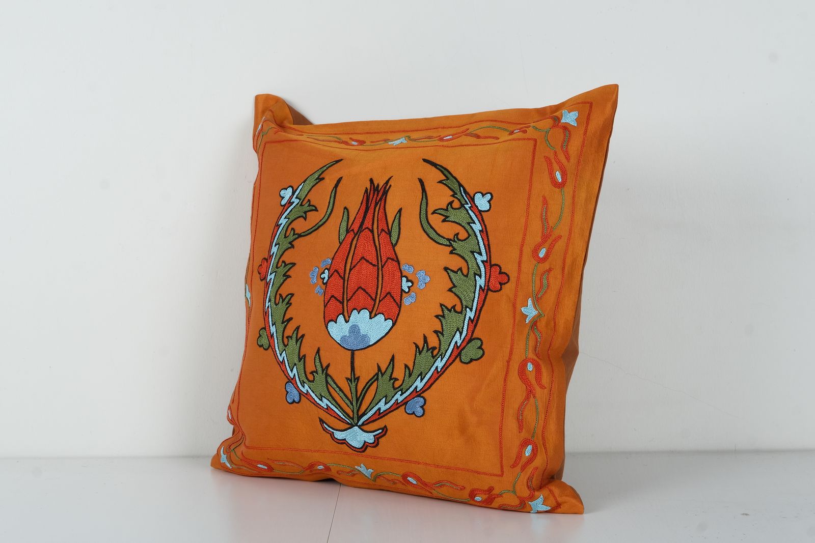 Turkish Suzani Silk Embroidery Pillow From Vintage Suzani Textile   Floral Bukhara Cushion Cover photo for sale