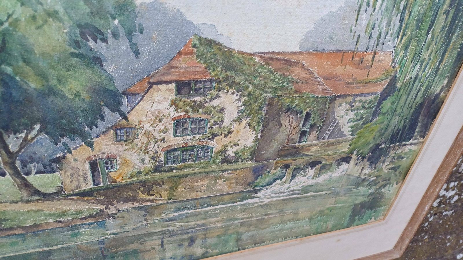 Large Vintage Watercolour Of A Kent House On A River   Mill House, Water House, Original Water Colour photo vintage