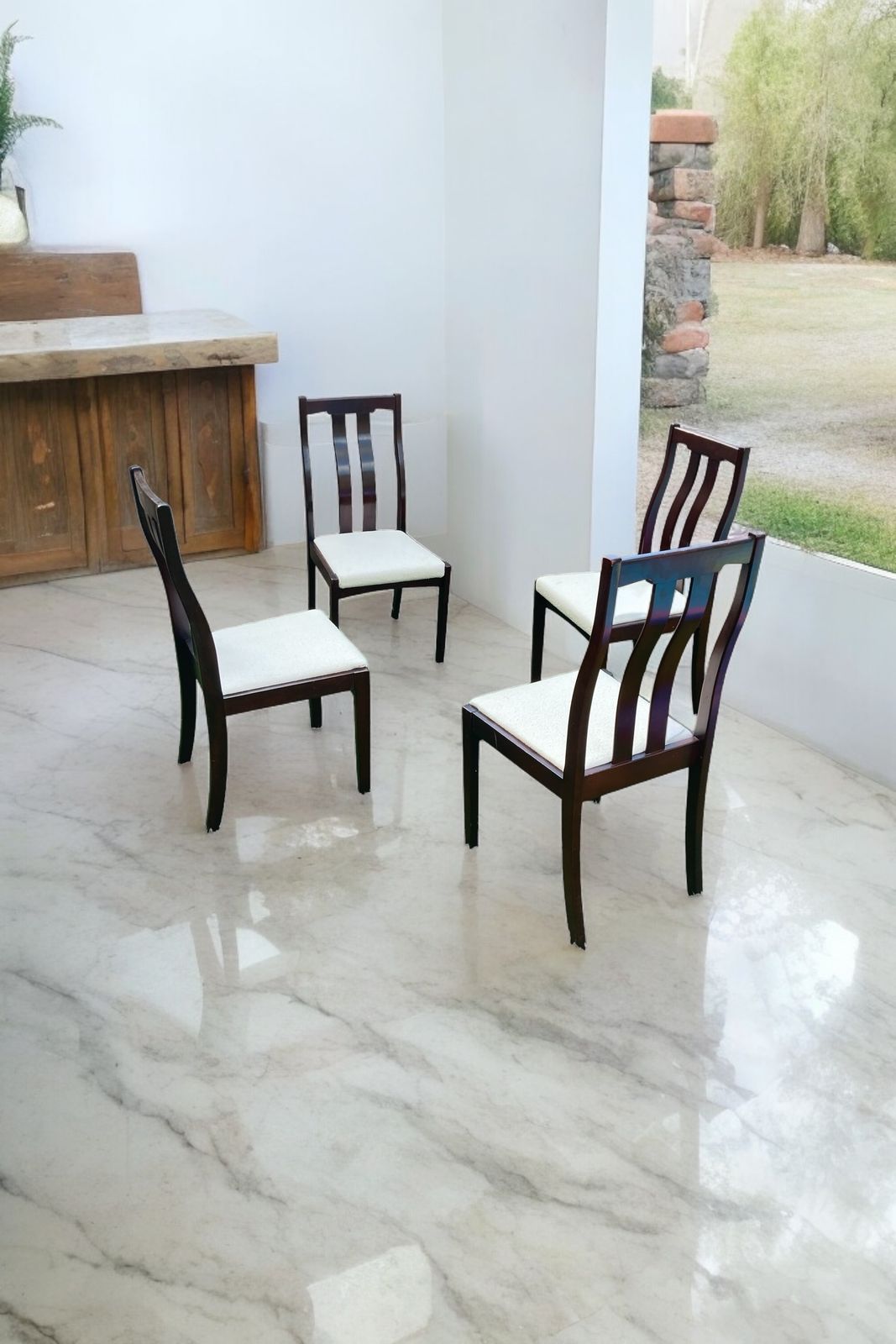 photo for sale A Set Of Four Mid Century Meredew Dining Chairs, Deep Mahogany With Cream Paris Boucle