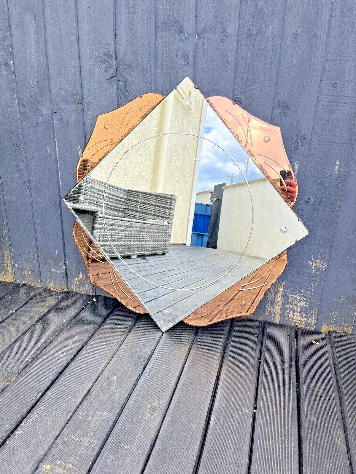 Huge 28" Beautiful 1930's Art Deco Flower Shaped Over Mantel Mirror Copper Peach photo 575.0
