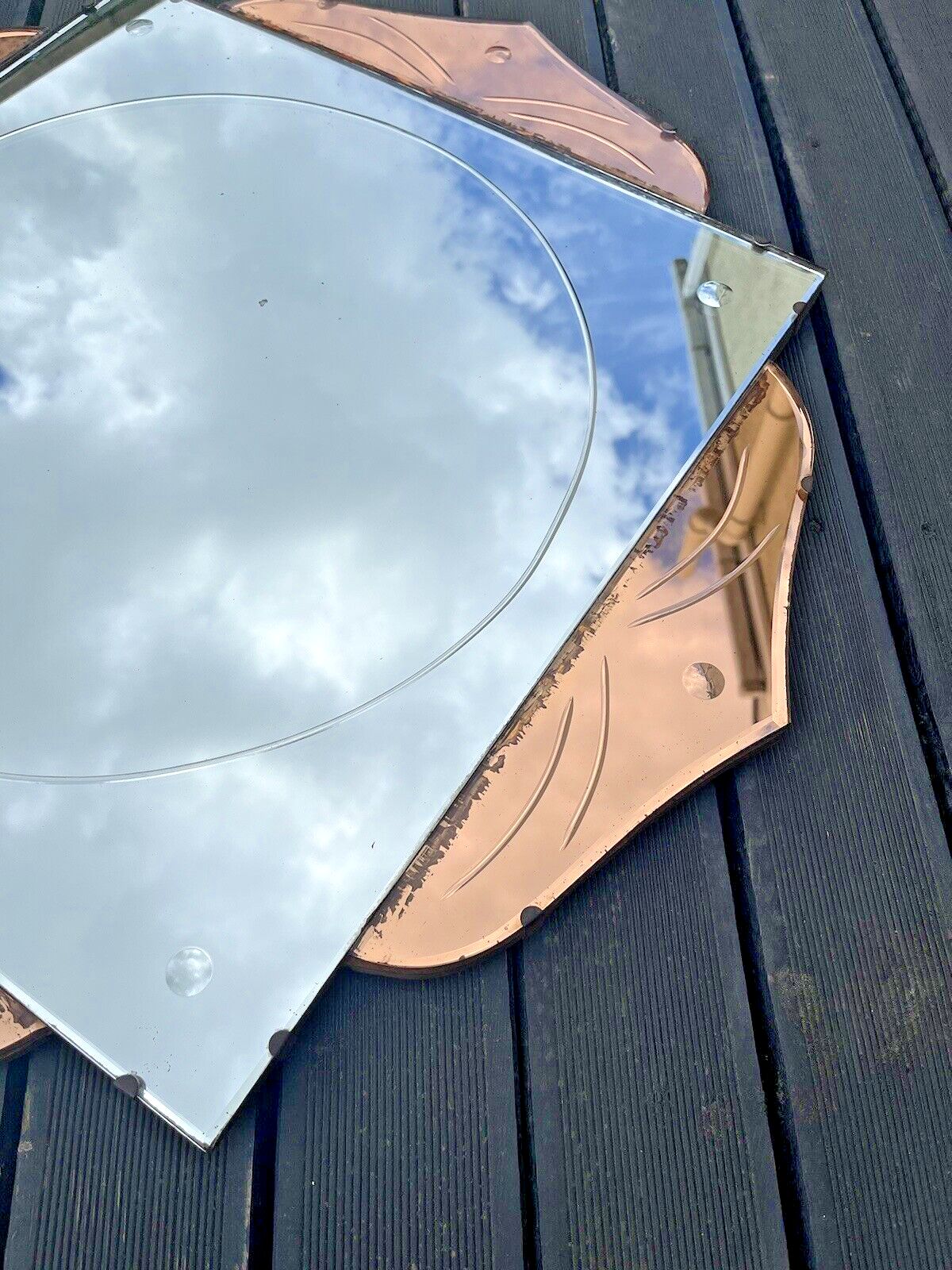 Huge 28" Beautiful 1930's Art Deco Flower Shaped Over Mantel Mirror Copper Peach photo buy