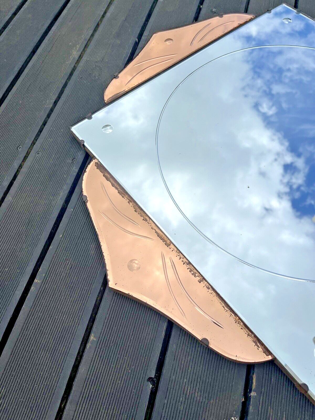 Huge 28" Beautiful 1930's Art Deco Flower Shaped Over Mantel Mirror Copper Peach photo vintage