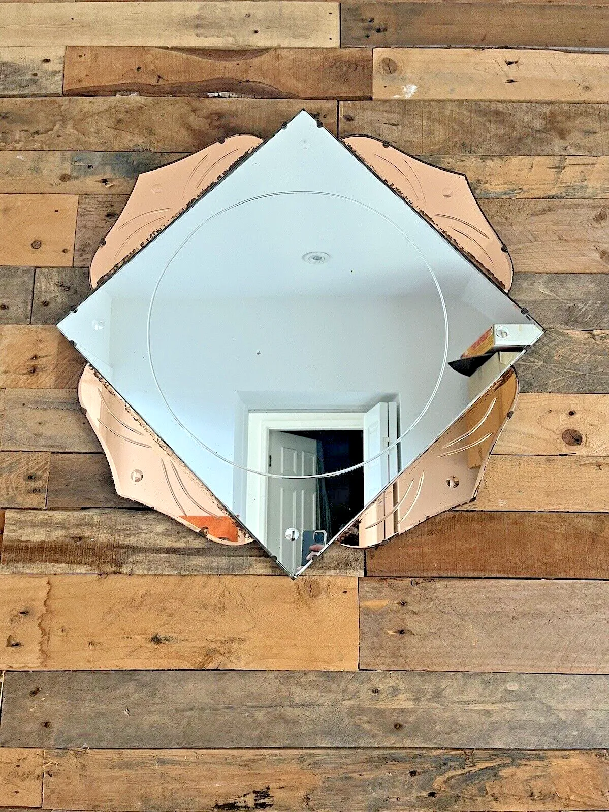 photo vinterior Huge 28" Beautiful 1930's Art Deco Flower Shaped Over Mantel Mirror Copper Peach