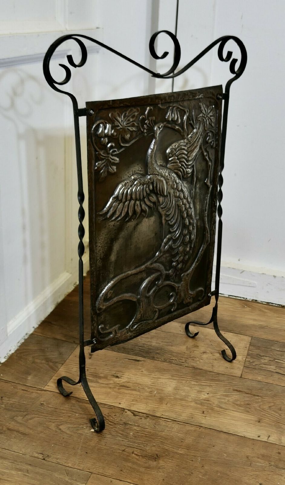 Arts And Crafts Peacock Polished Iron Fire Screen photo for sale
