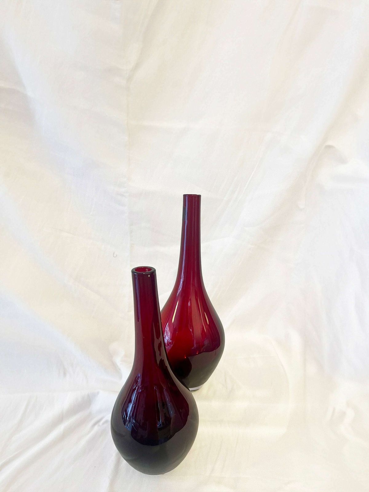 Two Iconic Vintage Ikea Hand Blown Modernist Ruby Red Salong Glass Bud / Art Glass Vase. photo furniture