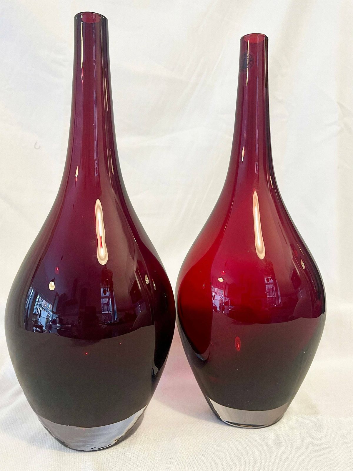 photo furniture Two Iconic Vintage Ikea Hand Blown Modernist Ruby Red Salong Glass Bud / Art Glass Vase.