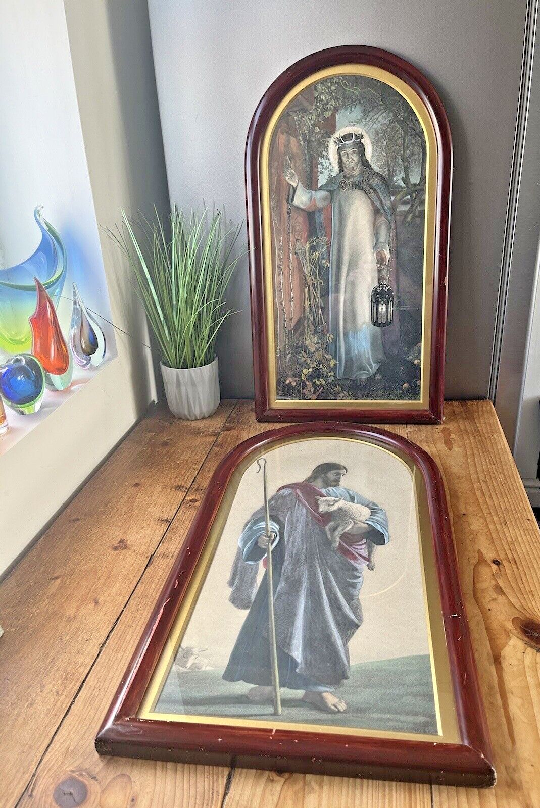 2 Framed Antique Pre Raphaelite Jesus Religious Ecclesiasrical Prints Light Of The World William Holman Hunt The Good Shepherd William Dobson photo furniture