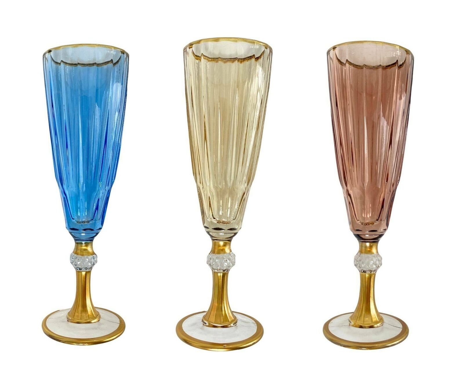 Large Italian Champagne Glasses | 6pcs | Gold Stem And Multi Color photo Home Decor