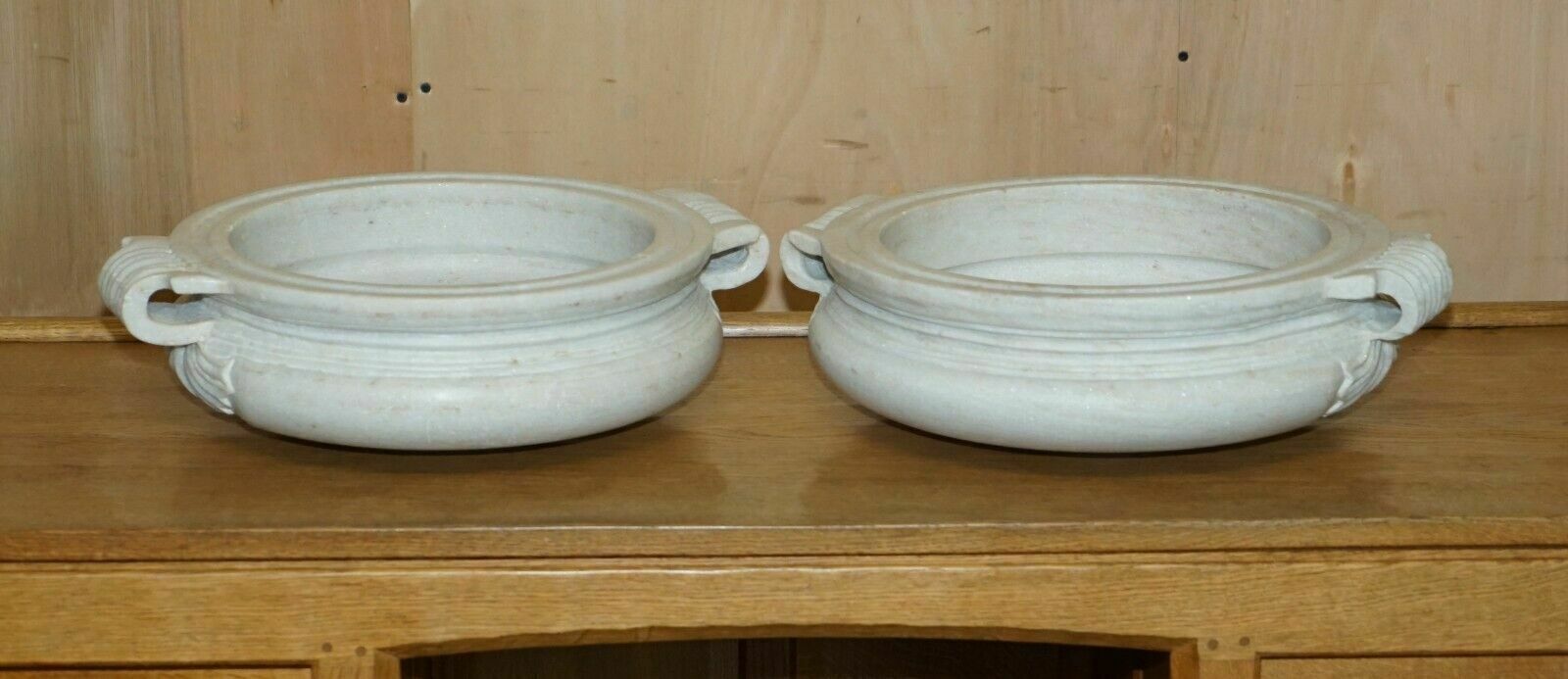 Pair Of Antique 19th Century White Carrara Marble Shallow Garden Home Planters