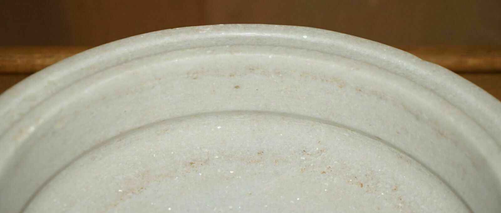 Pair Of Antique 19th Century White Carrara Marble Shallow Garden Home Planters photo vinterior