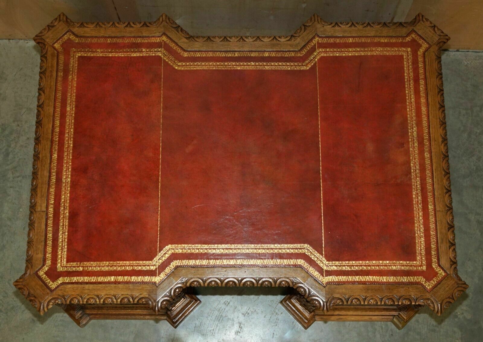 Museum Quality Antique Partner Desk 17th Century Hand Carved Religious Panels photo for sale