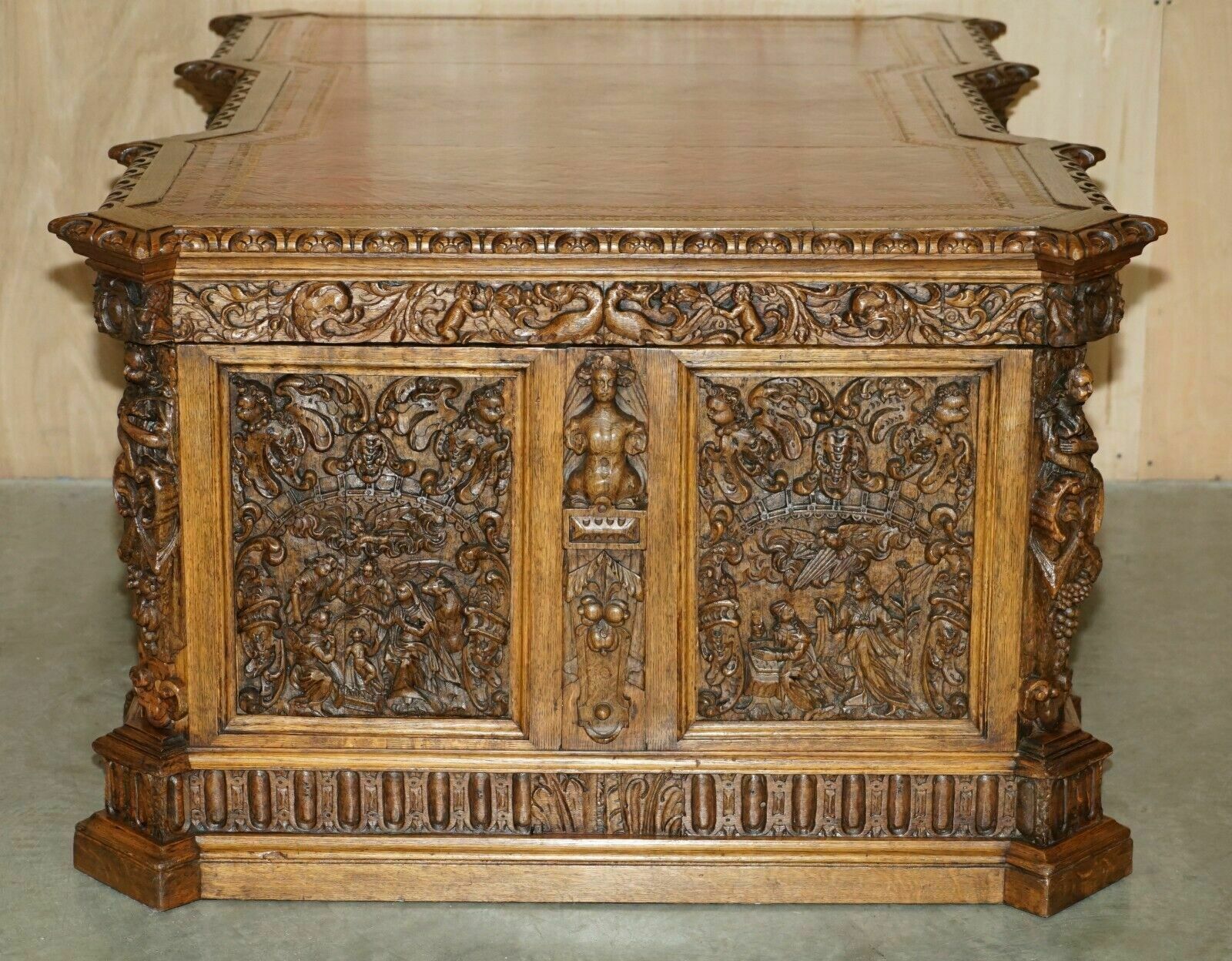 photo for sale Museum Quality Antique Partner Desk 17th Century Hand Carved Religious Panels
