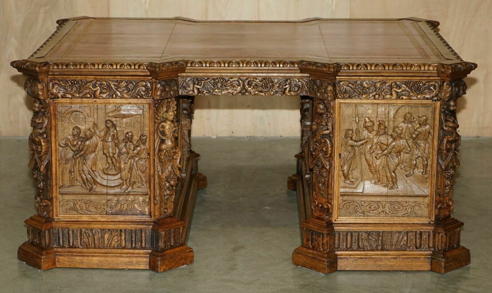 photo vintage Museum Quality Antique Partner Desk 17th Century Hand Carved Religious Panels