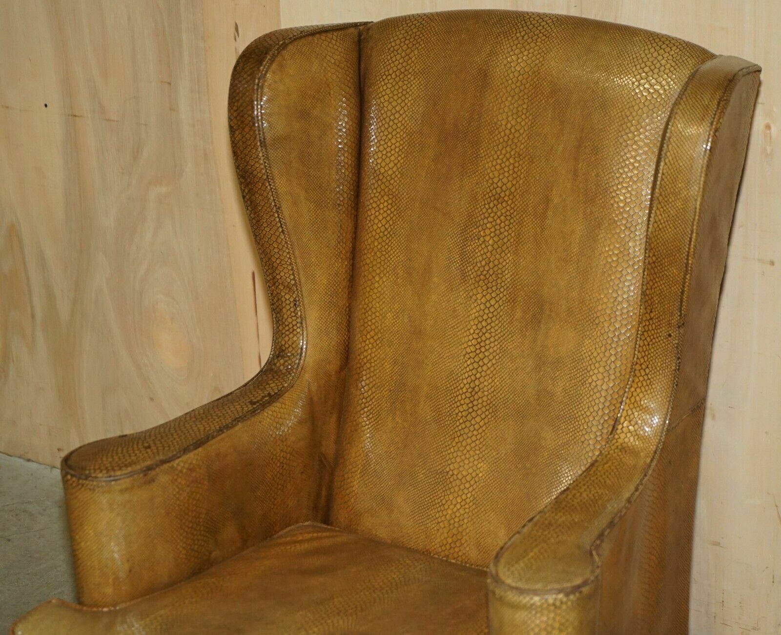 Exquisite Spanish Wingback Armchair With Alligator Crocodile Leather Upholstery photo for sale