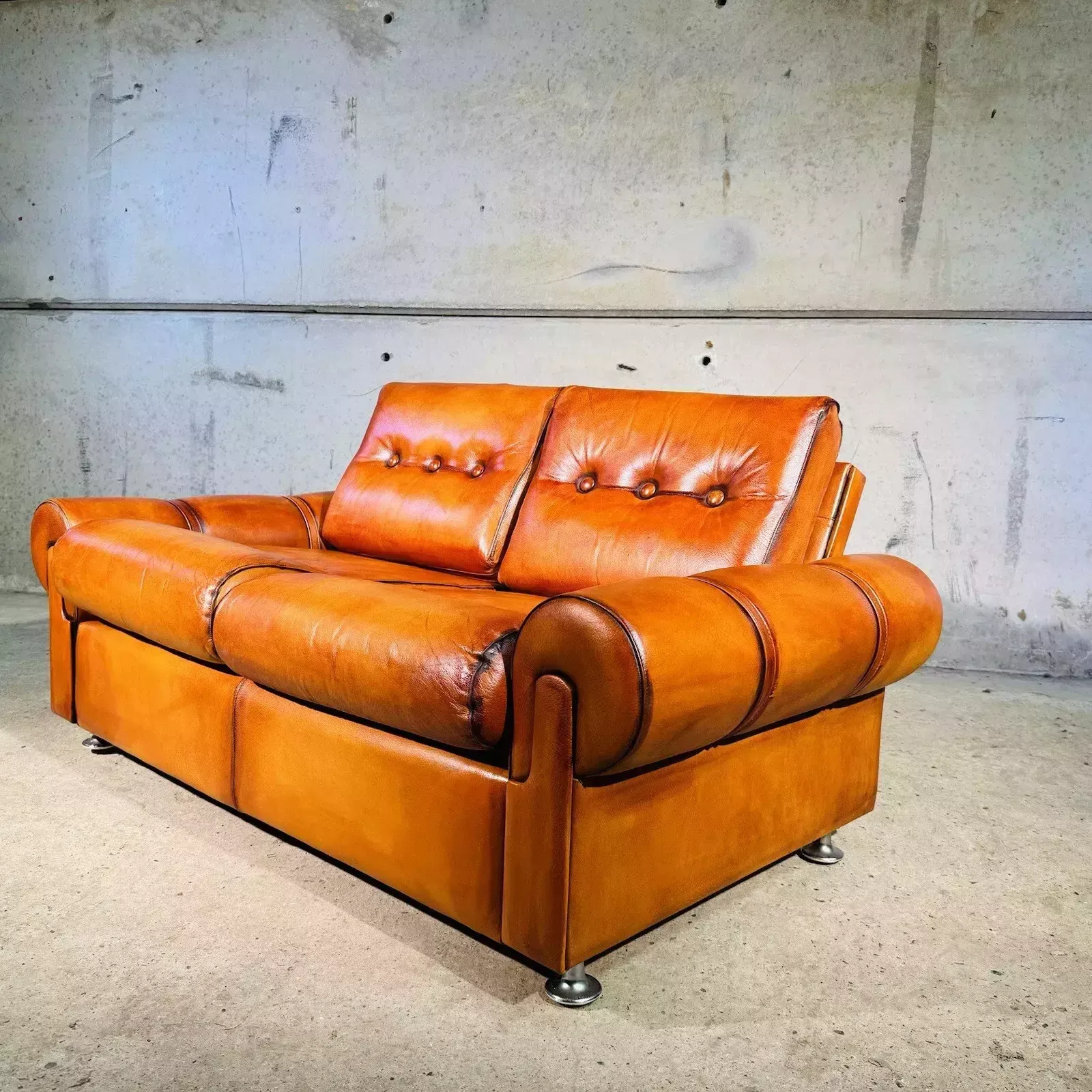 Vintage Retrodanish Leather Two Seater Sofa Hand Dyed Tan, Strap Detail #A212