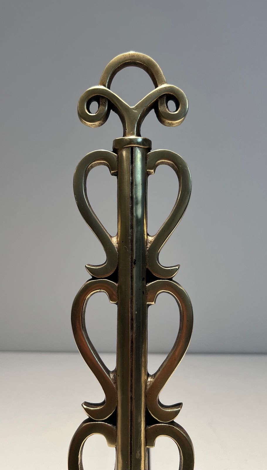 photo furniture Pair Of Andirons In Brass And Wrought Iron In The Style Of Raymond Subes