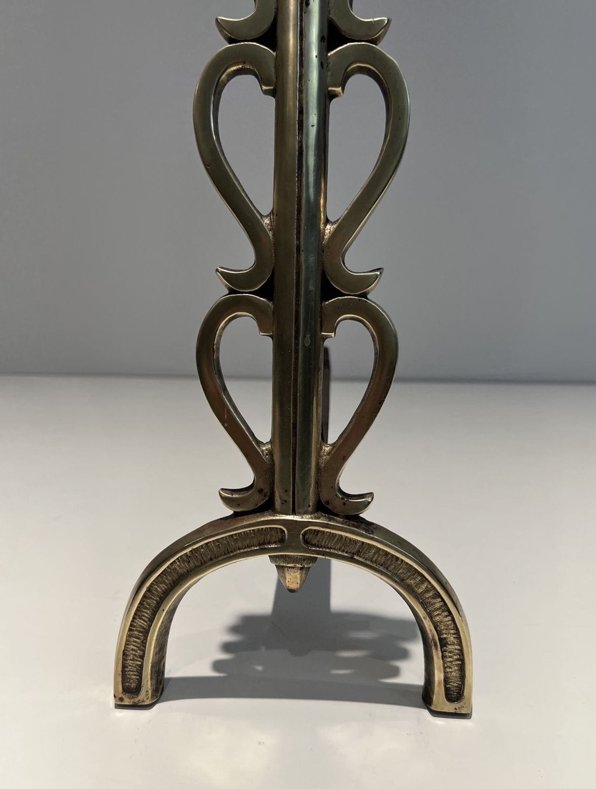 photo for sale Pair Of Andirons In Brass And Wrought Iron In The Style Of Raymond Subes