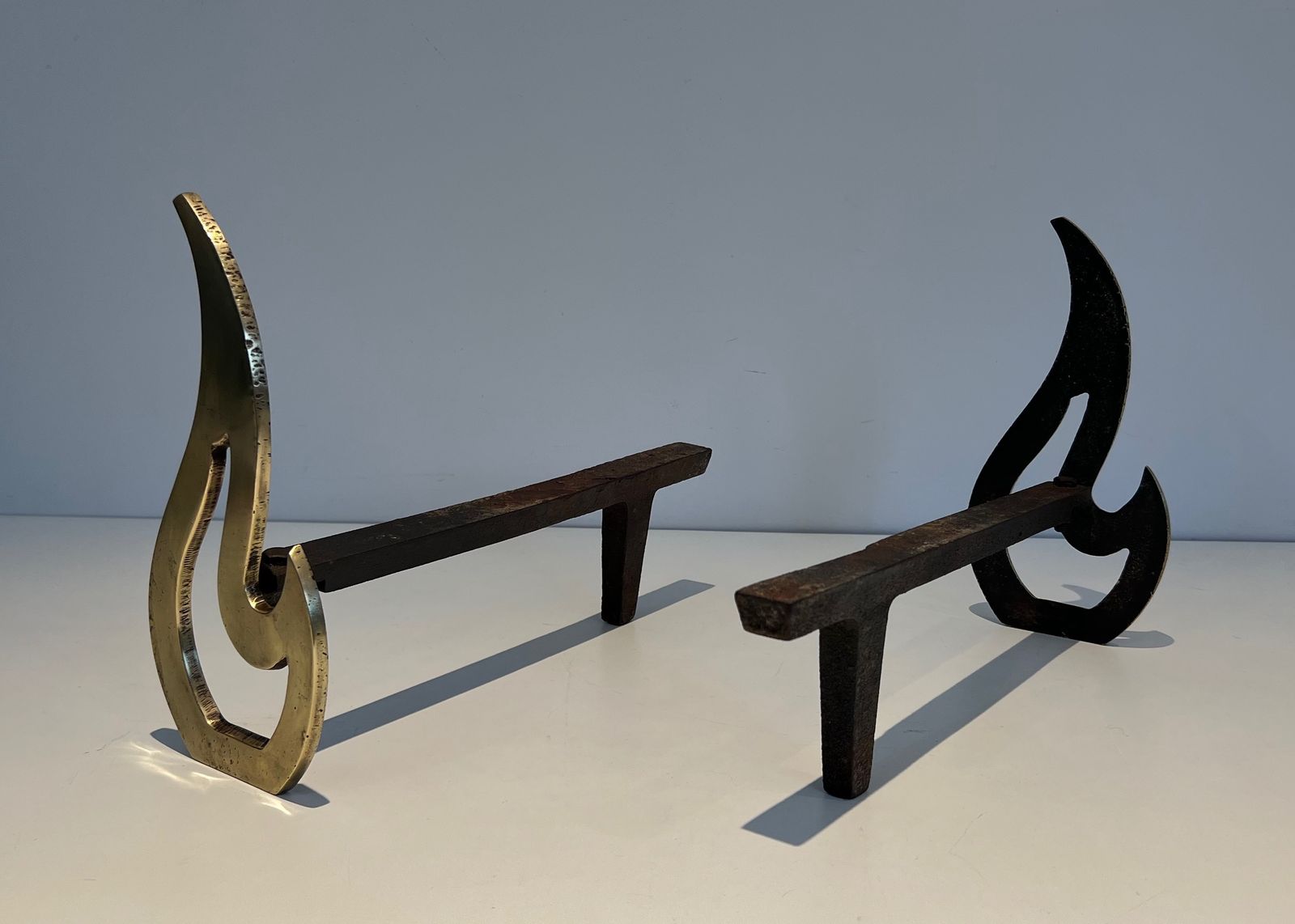 Pair Of Flame Andirons In Brass photo buy