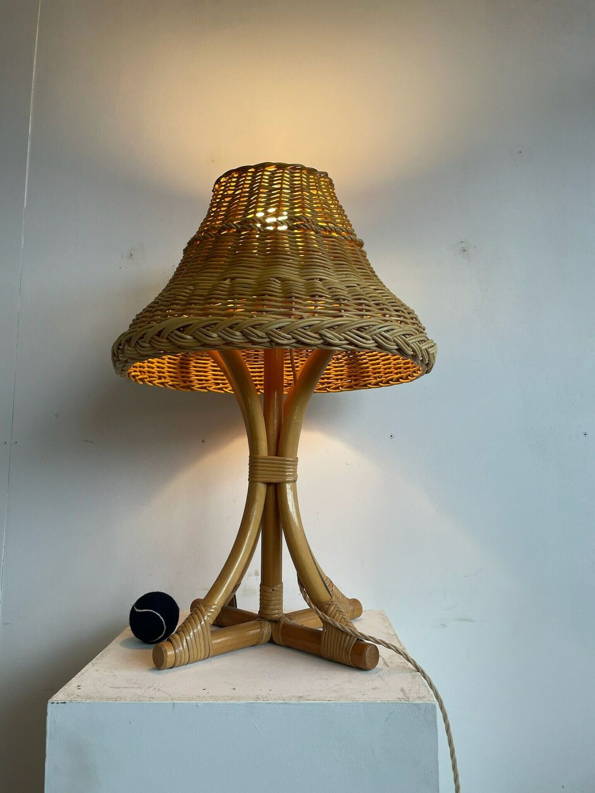 Wonderful Boho 1970s Bamboo And Wicker Table Lamp With Large Shade