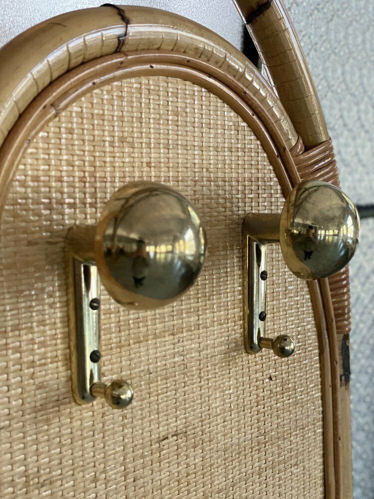 Large Mid Century Modern Italian Rattan Coat Rack With Mirror And Brass Hooks, 1960s photo furniture