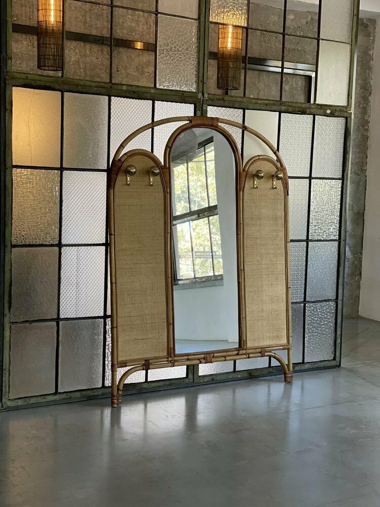 Large Mid Century Modern Italian Rattan Coat Rack With Mirror And Brass Hooks, 1960s photo 2324.0