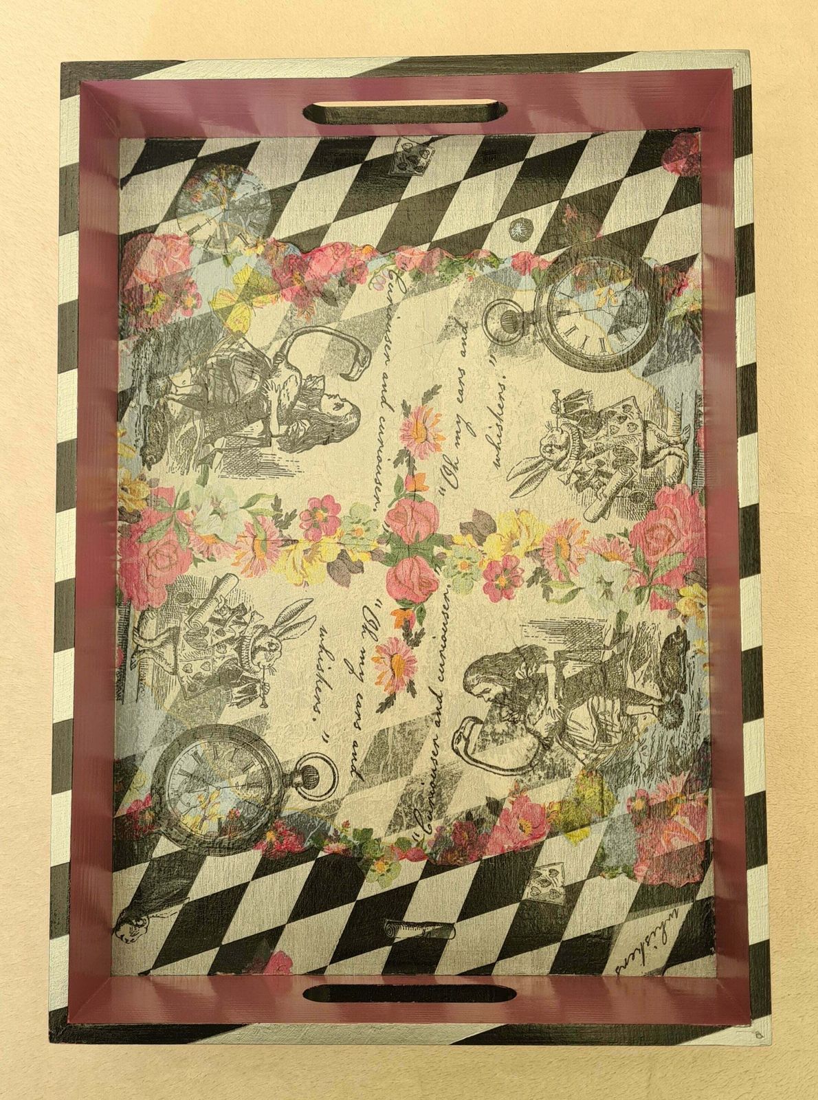 Alice In Wonderland Tray With Handles, Handmade Home Decor For Serving Breakfast Tea Cocktails photo 50.0