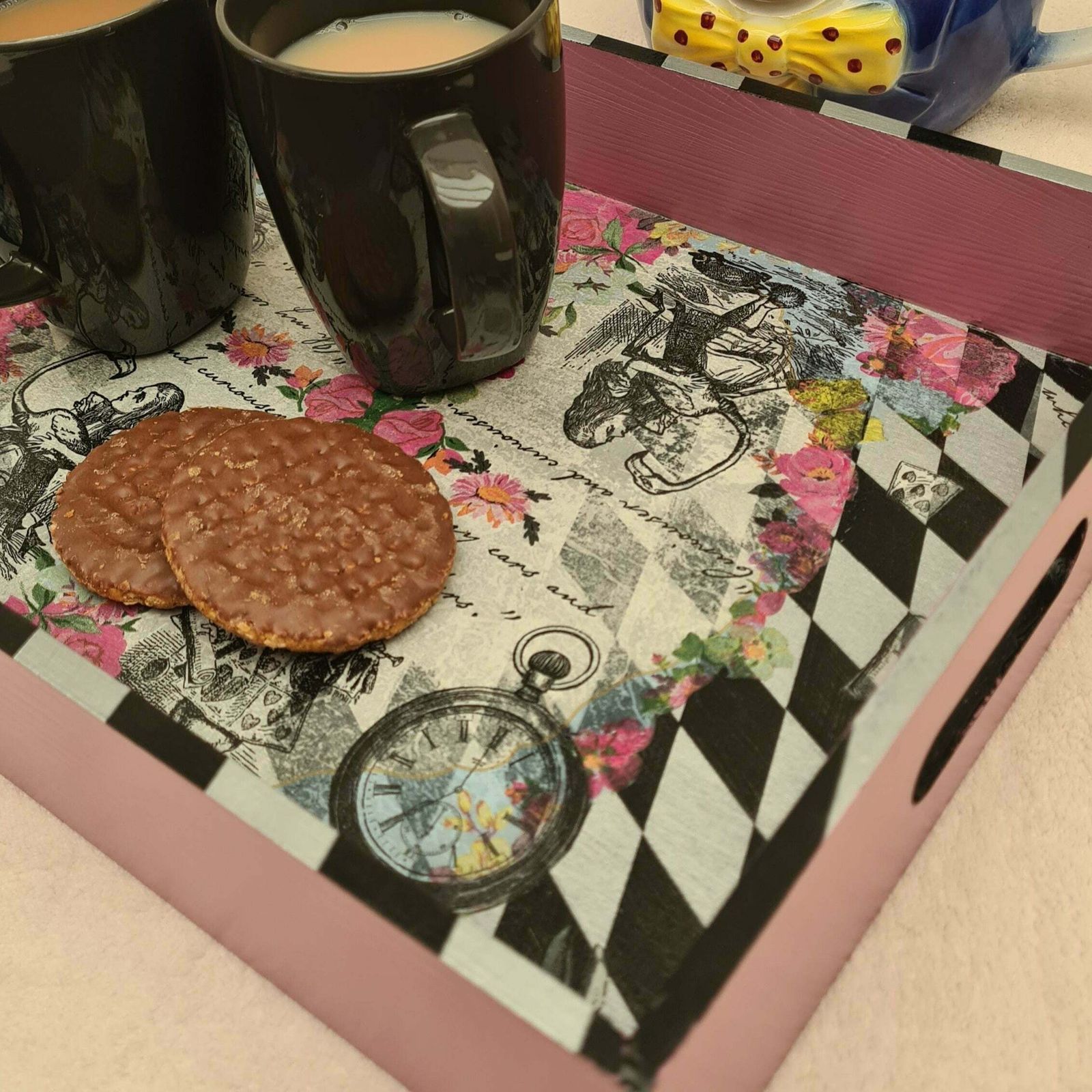 Alice In Wonderland Tray With Handles, Handmade Home Decor For Serving Breakfast Tea Cocktails photo vintage