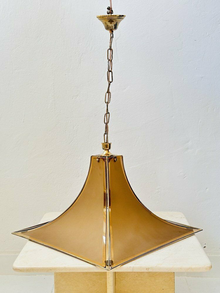 Mid Century Italian Pagoda Pendant With Brass And Curved Smoked Glass From Esperia, 1970s photo furniture