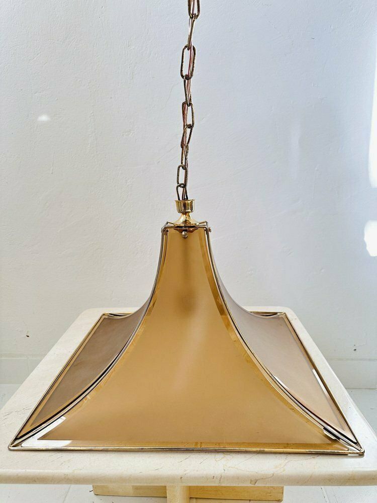 Mid Century Italian Pagoda Pendant With Brass And Curved Smoked Glass From Esperia, 1970s photo Lighting