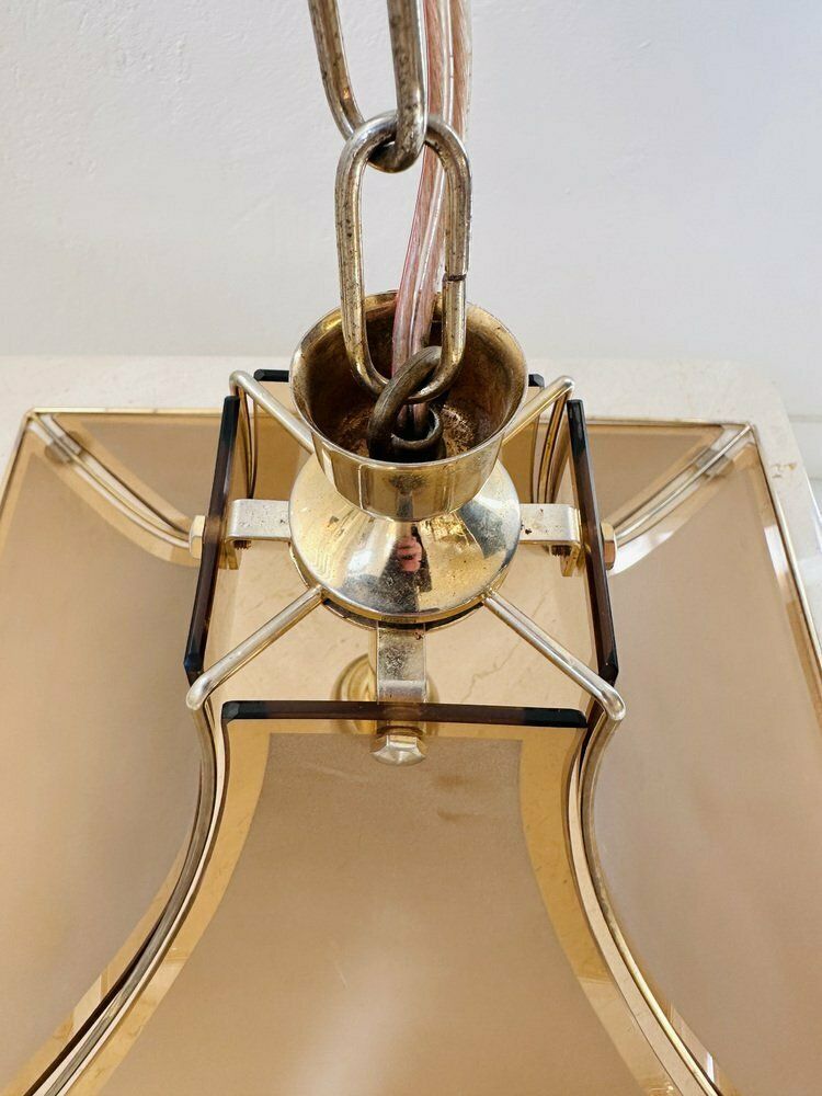 Mid Century Italian Pagoda Pendant With Brass And Curved Smoked Glass From Esperia, 1970s photo vintage