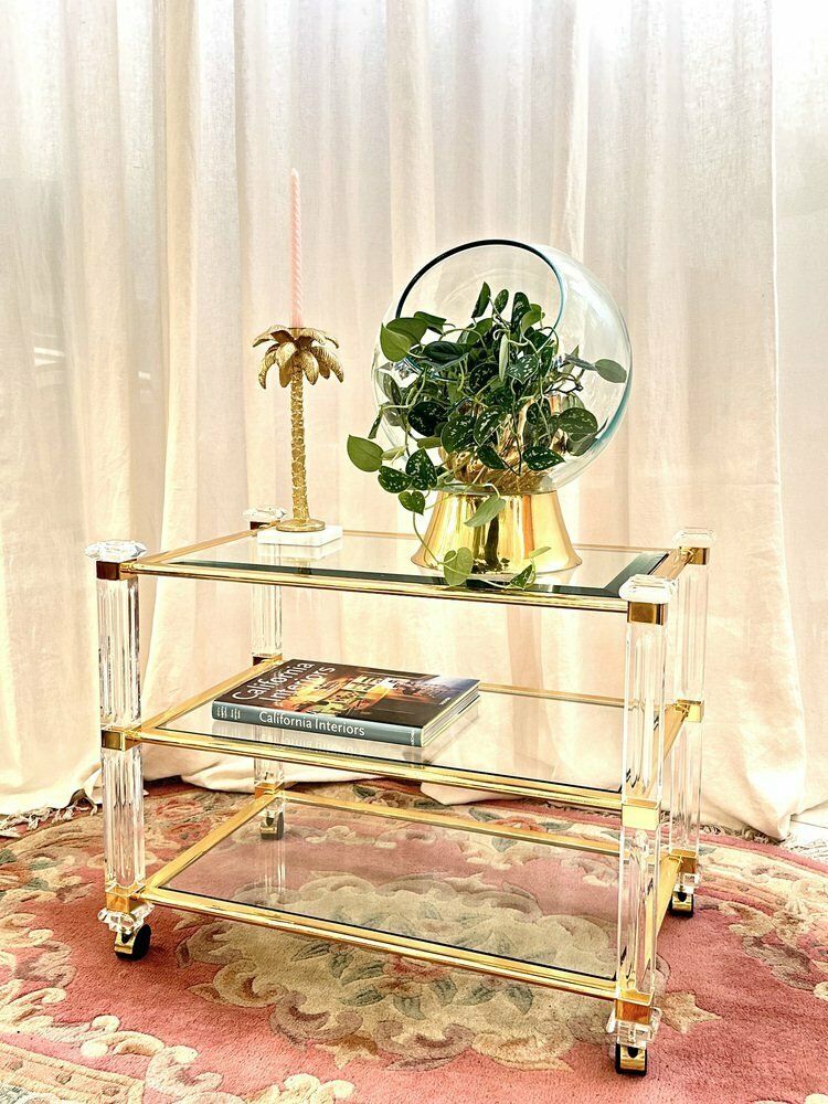 Mid Century Acrylic Three Tier Bar Cart With Brass Details, 1970s photo for sale