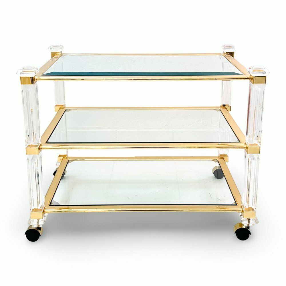 Mid Century Acrylic Three Tier Bar Cart With Brass Details, 1970s