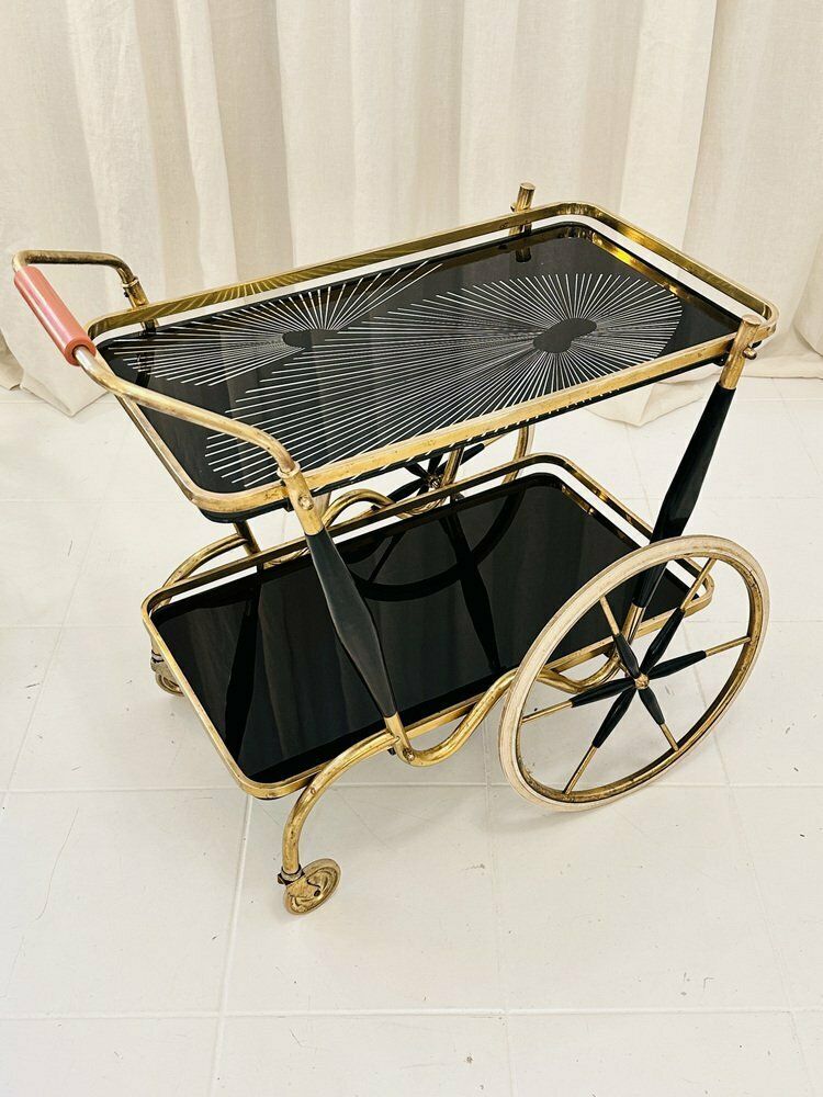 Art Deco Brass And Black Glass Serving Bar Trolley, 1950s photo 2034.0
