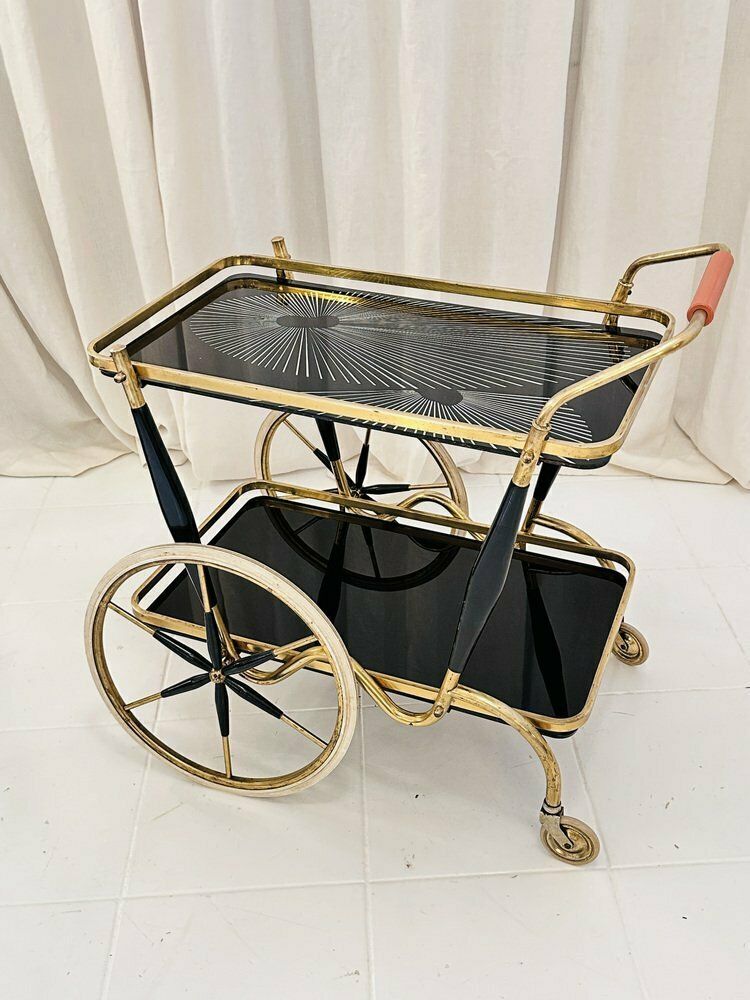 Art Deco Brass And Black Glass Serving Bar Trolley, 1950s photo buy