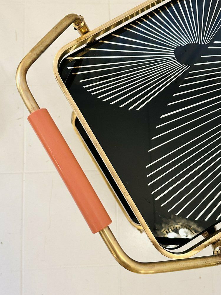 photo for sale Art Deco Brass And Black Glass Serving Bar Trolley, 1950s