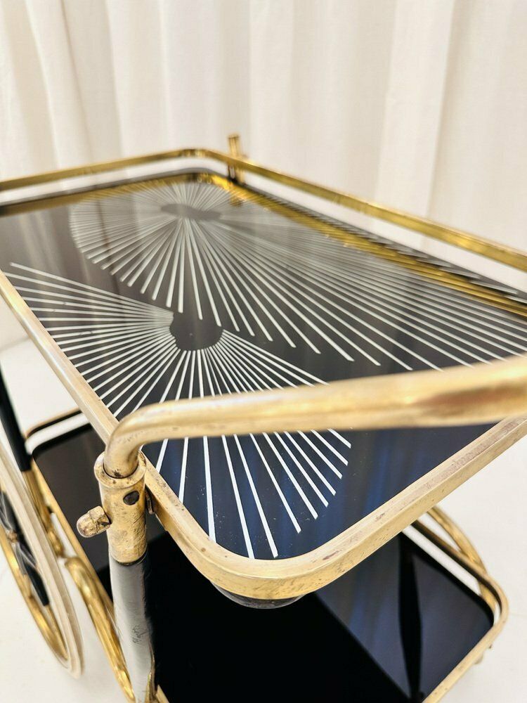 Furniture Art Deco Brass And Black Glass Serving Bar Trolley, 1950s photo