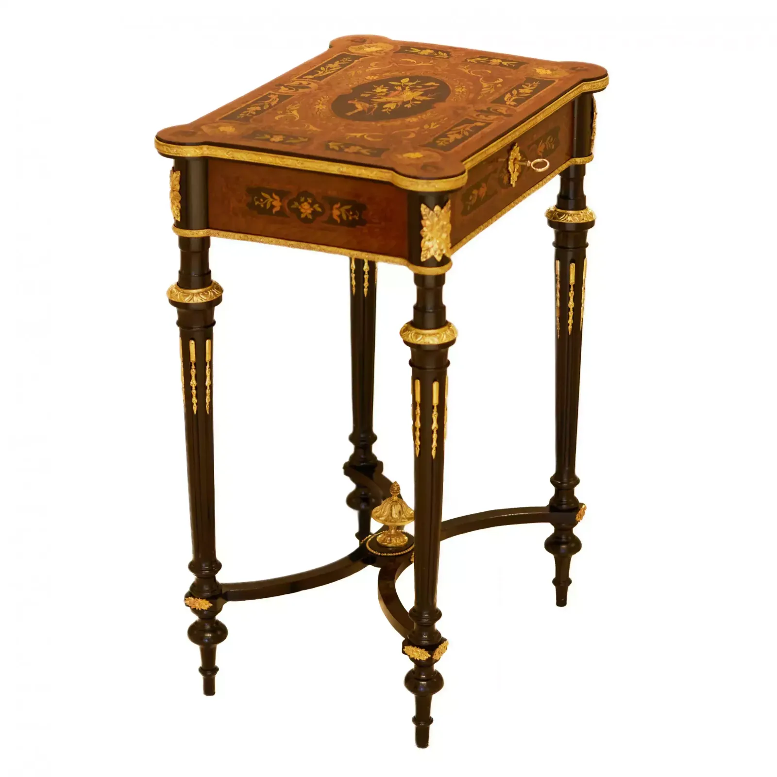 A Lovely Inlaid Wood Dressing Table With Gilded Bronze. France Late 19th Century. photo for sale